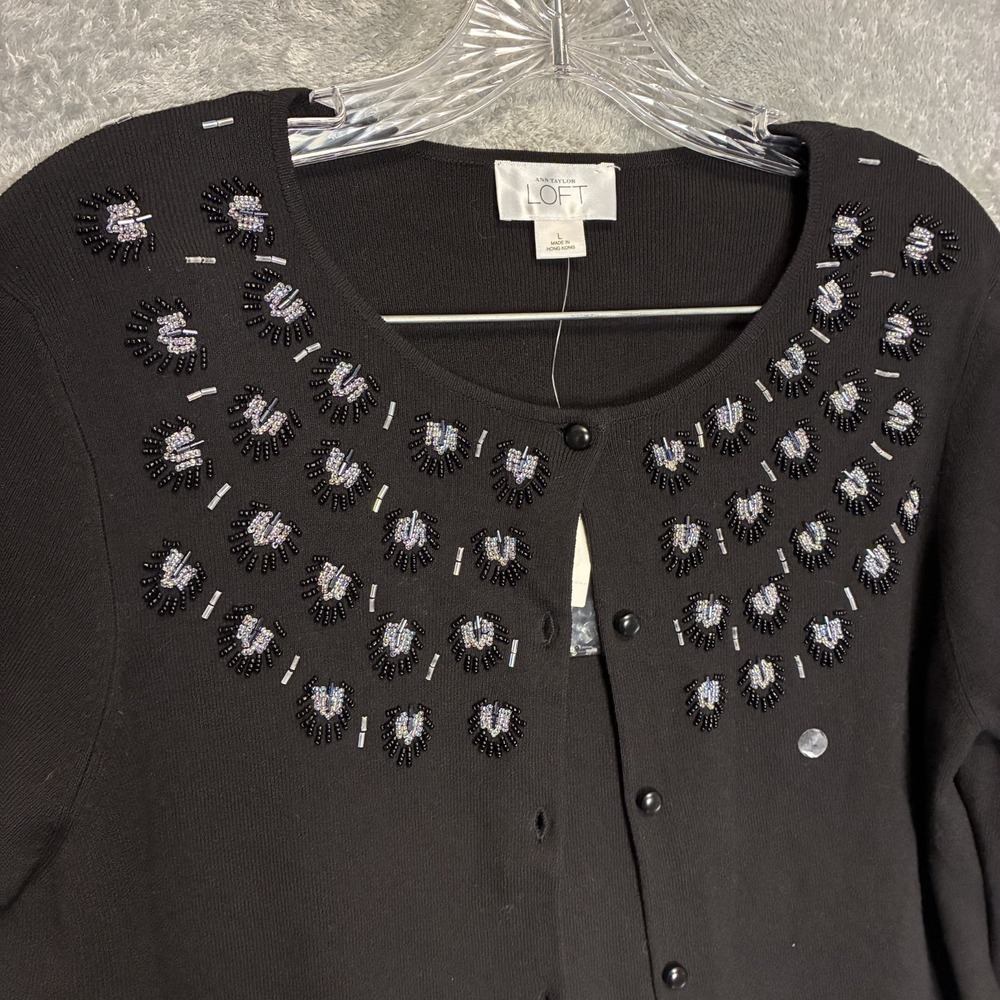 LOFT Womens Embellished Cardigan L Beaded Jeweled Classic Chic Office Party NWT